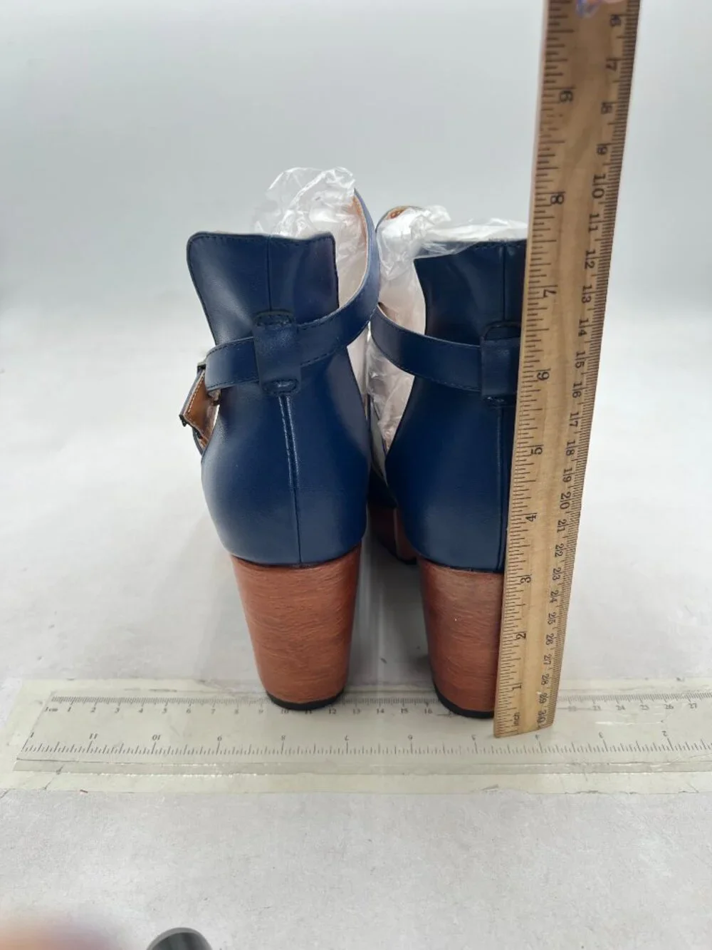 Blue Platform Round Toe Cutout Ankle Boot Strap Buckle Cork Block High Heel Boot